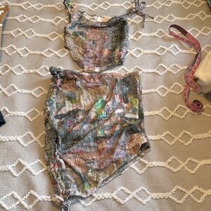 New Pink from Dolls Kill watercolor Two-Piece top and skirt Set